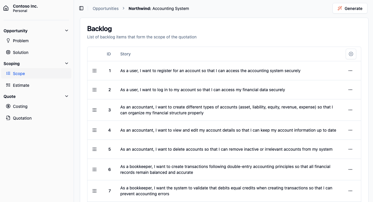 Generated backlog with user stories