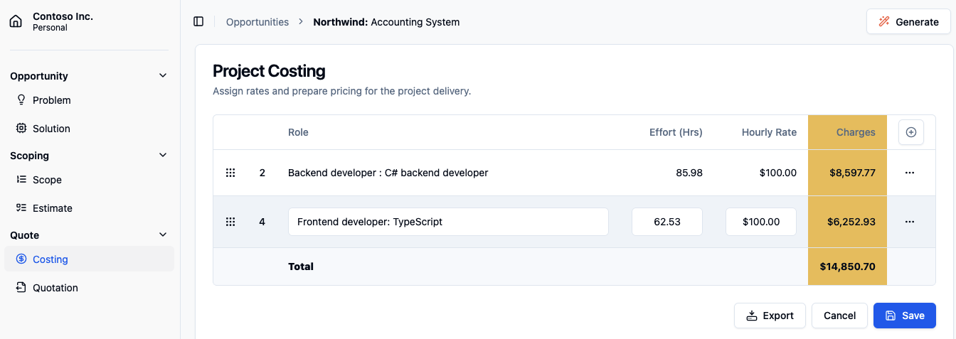Project costing and pricing breakdown